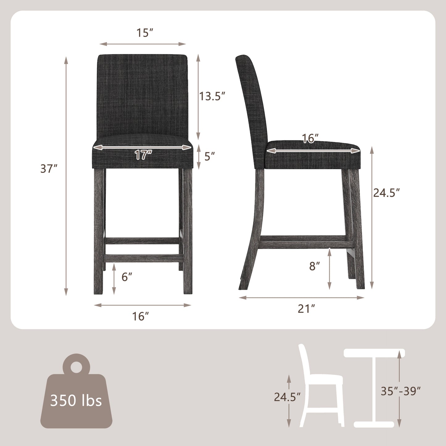 Counter Height Bar Stools Set of 2 with Back and Footrest-Gray