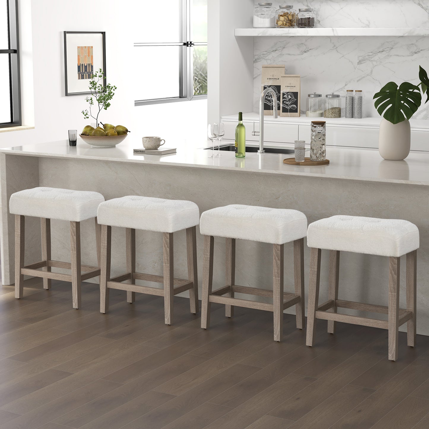 Modern Counter Height Bar Stools Set of 2 with Rubber Wood Legs-White and Gray