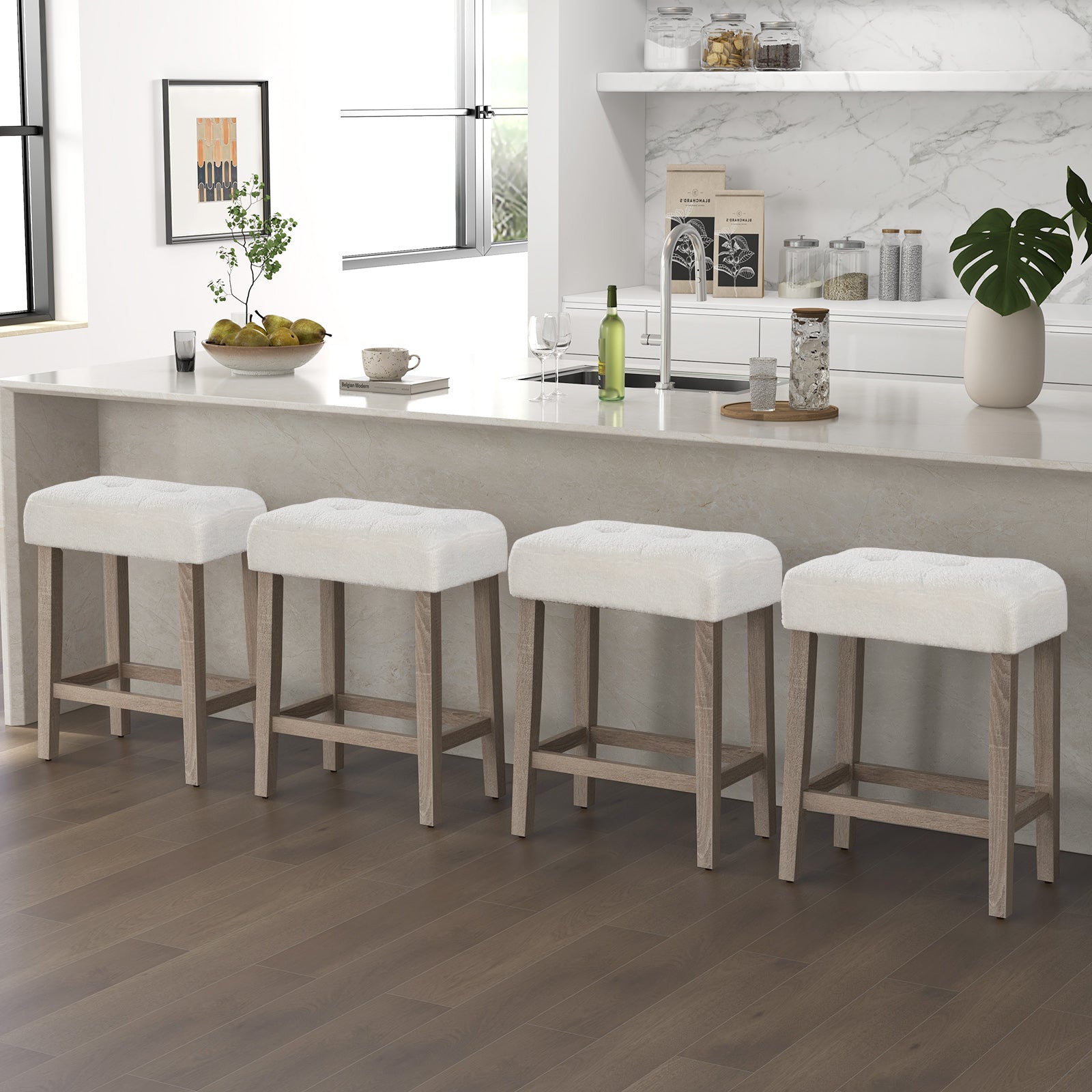 Modern Counter Height Bar Stools Set of 2 with Rubber Wood Legs-White and Gray