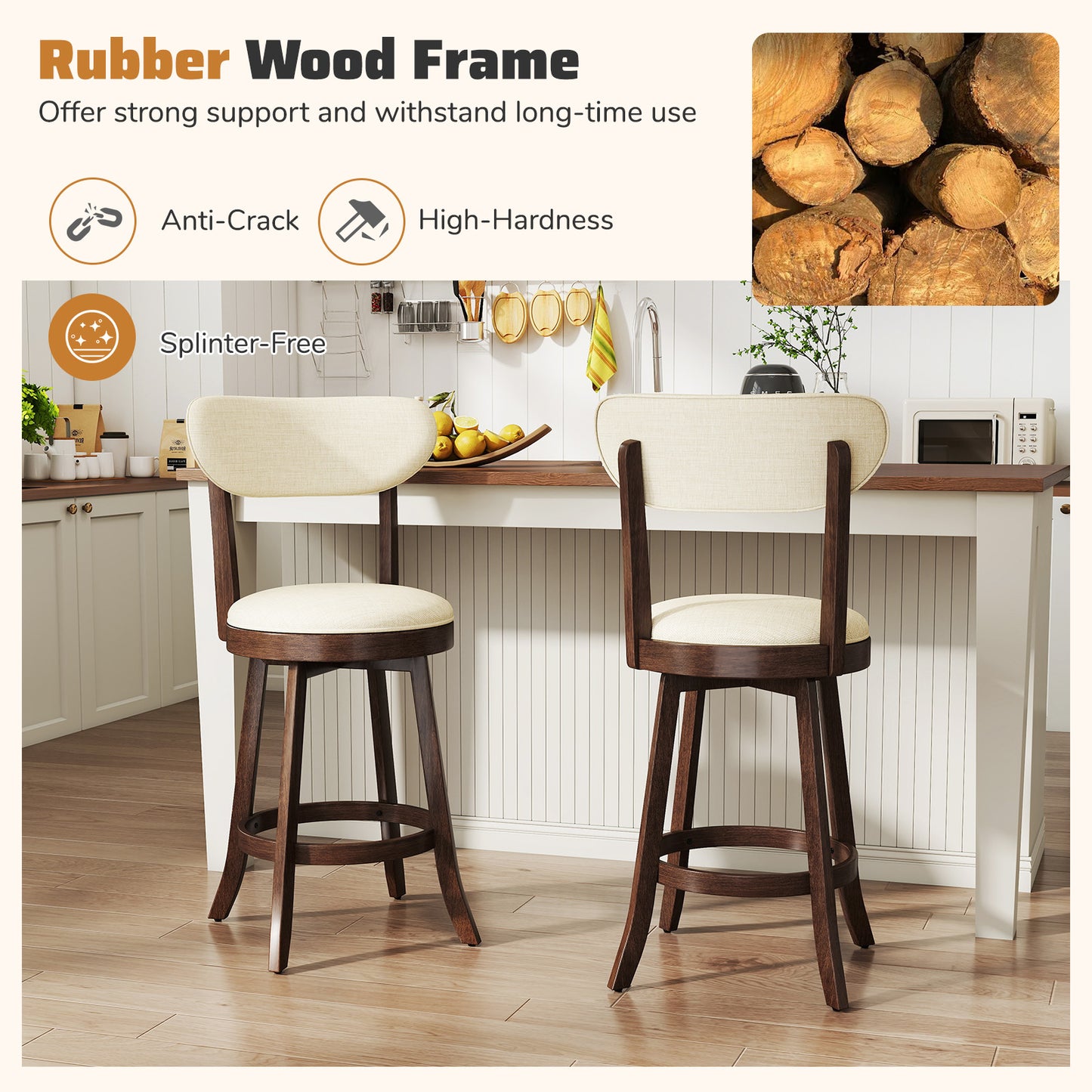 25.5 Inch Counter Height Chairs Set of 2 with Padded Seat and Backrest-Brown