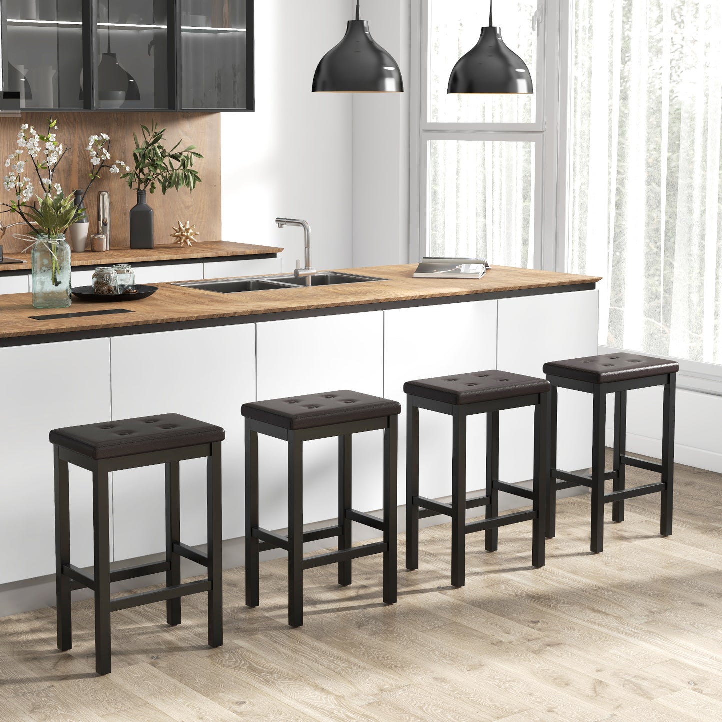 24 Inch Bar Stools with Padded Seat Footrest and Rubber Wood Frame