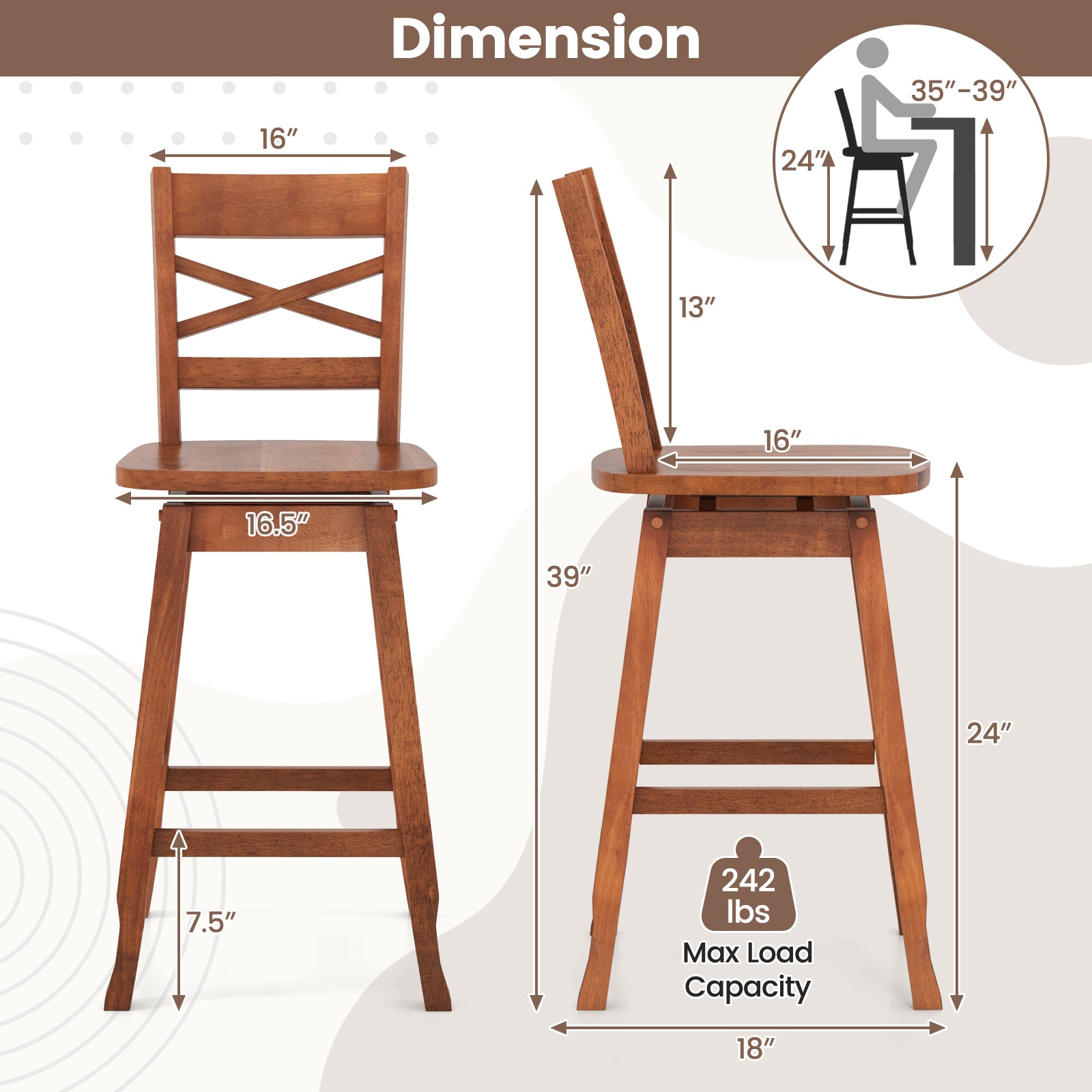 Swivel 24-Inch Counter Height Stool Set of 2 with Inclined Backrest-Walnut