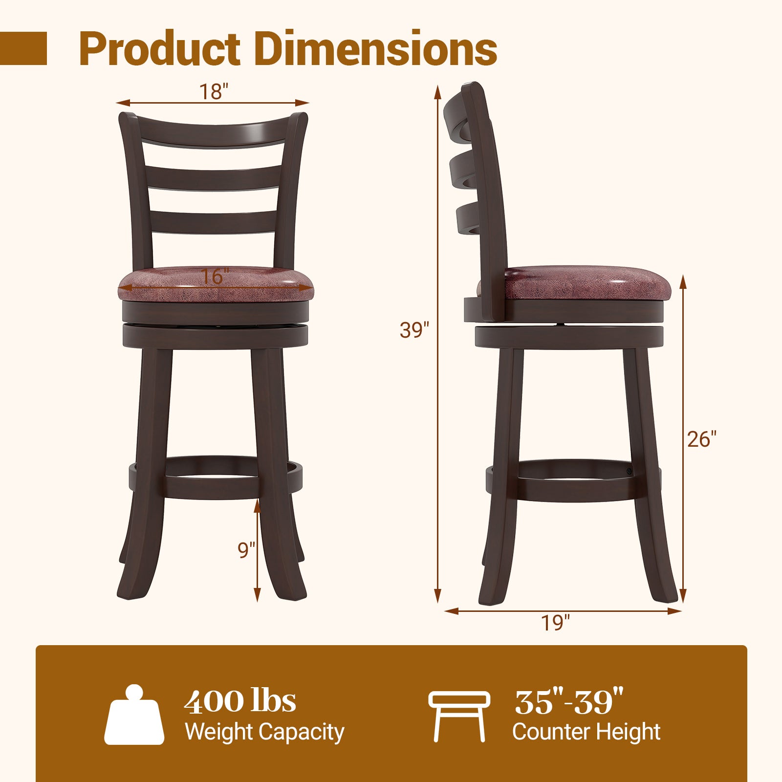 Counter Height Swivel Barstools Set of 2 with Faux Leather Seat and Wrap-around Footrest-24