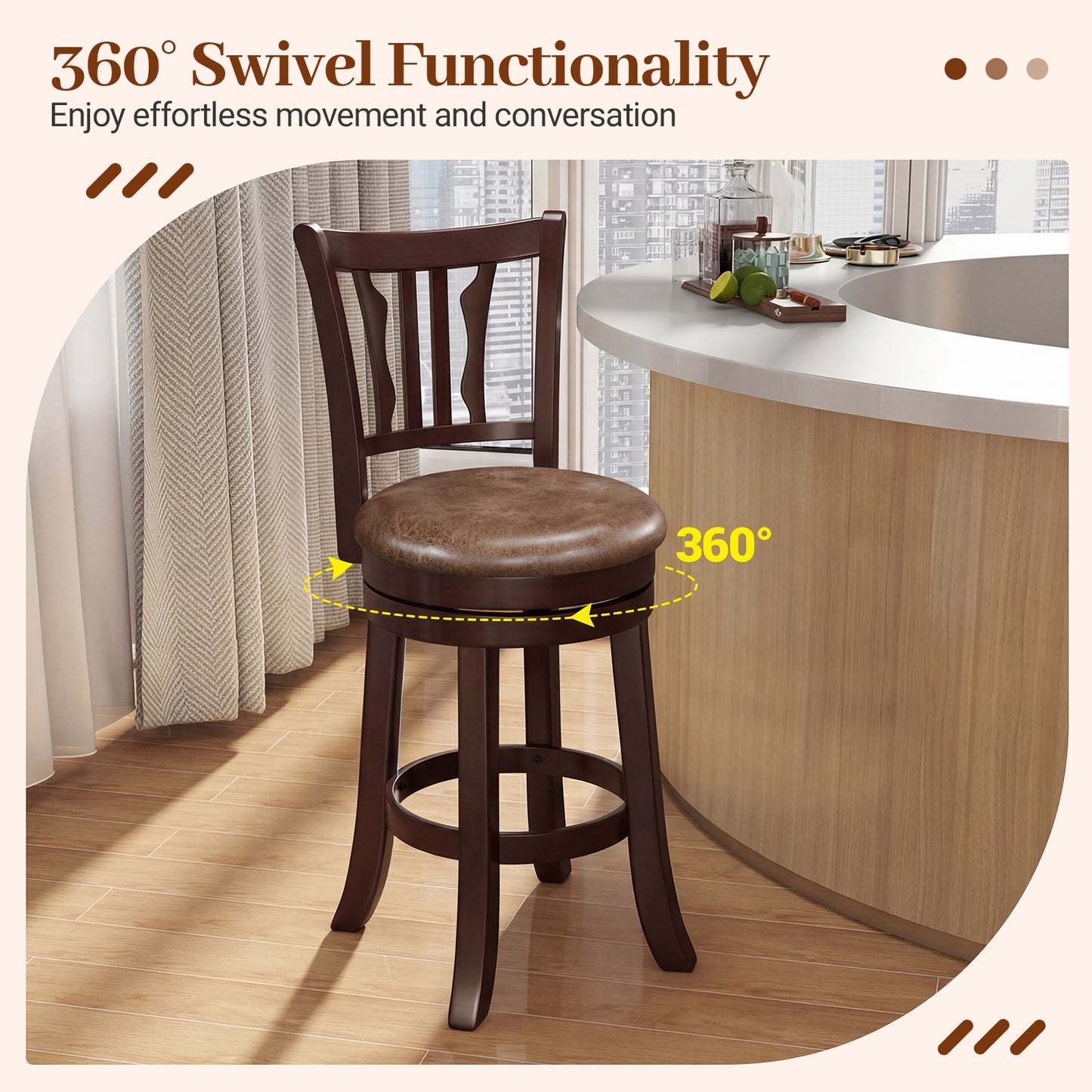 Counter Height Swivel Bar Stools Set of 2 with Back and Solid Rubber Frame-24