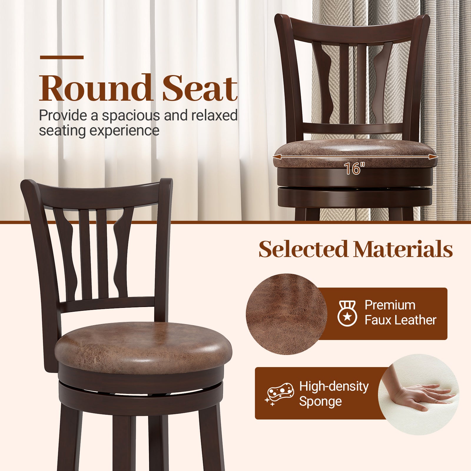 Counter Height Swivel Bar Stools Set of 2 with Back and Solid Rubber Frame-24