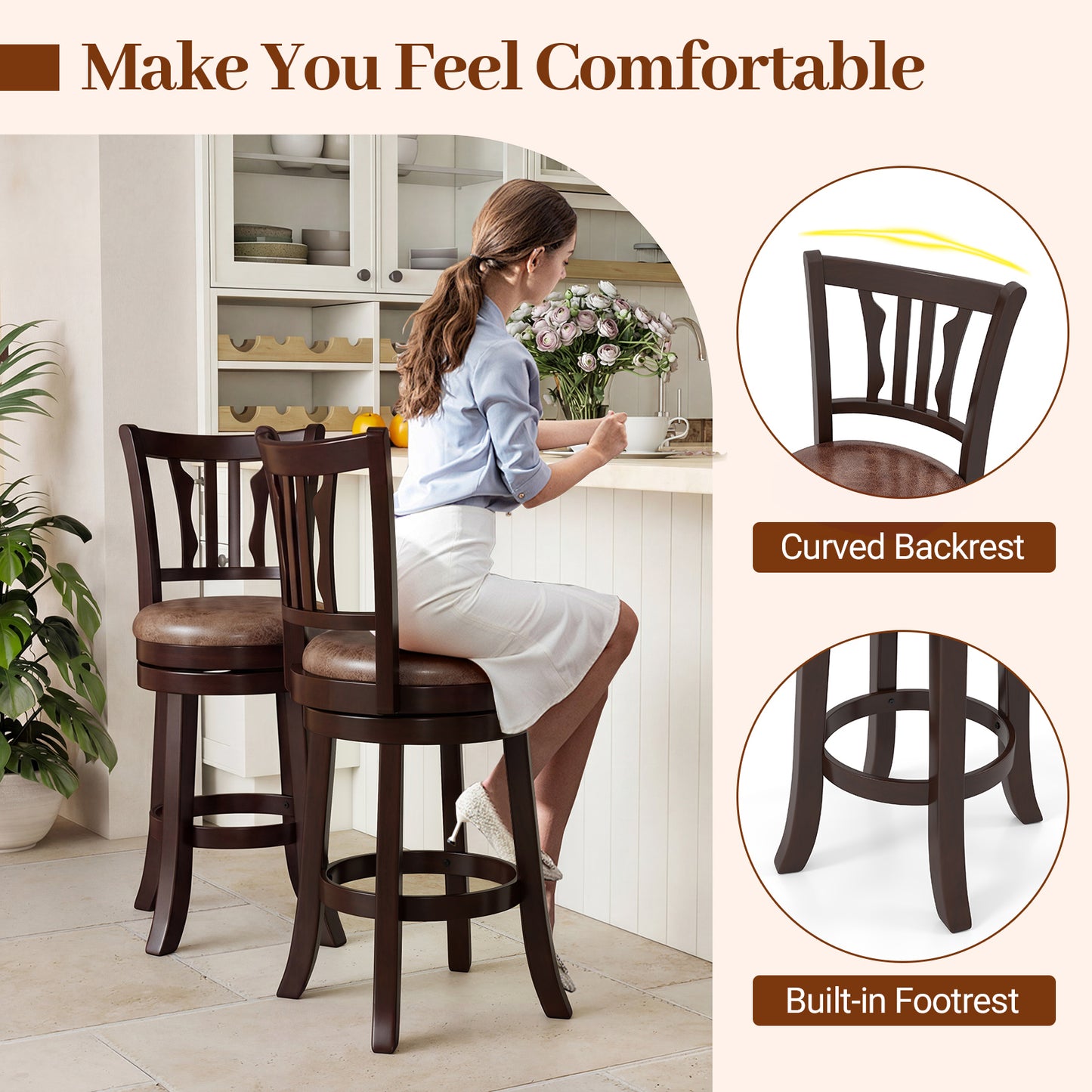 Counter Height Swivel Bar Stools Set of 2 with Back and Solid Rubber Frame-24