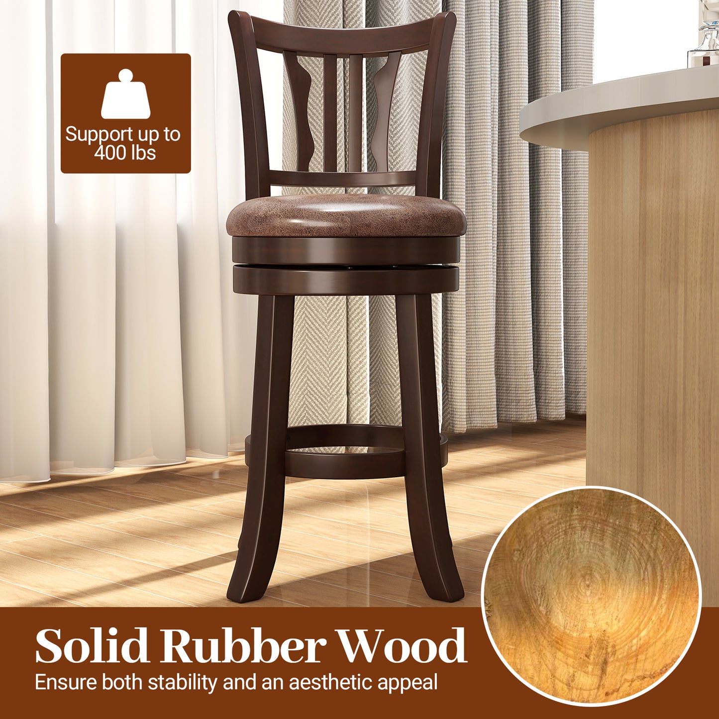 Counter Height Swivel Bar Stools Set of 2 with Back and Solid Rubber Frame-24