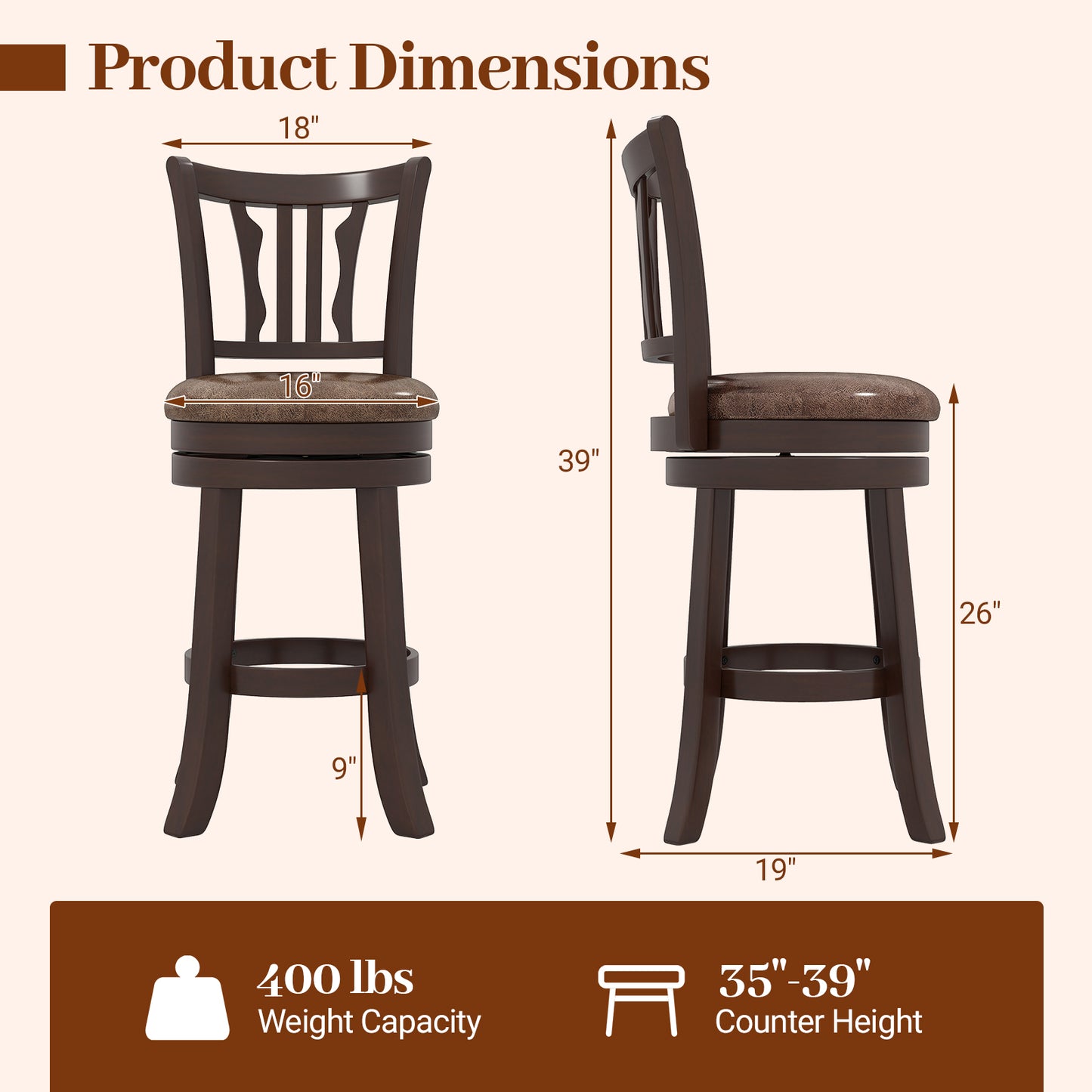Counter Height Swivel Bar Stools Set of 2 with Back and Solid Rubber Frame-24