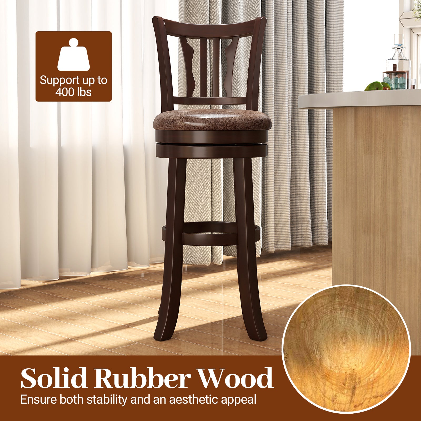 Counter Height Swivel Bar Stools Set of 2 with Back and Solid Rubber Frame-29