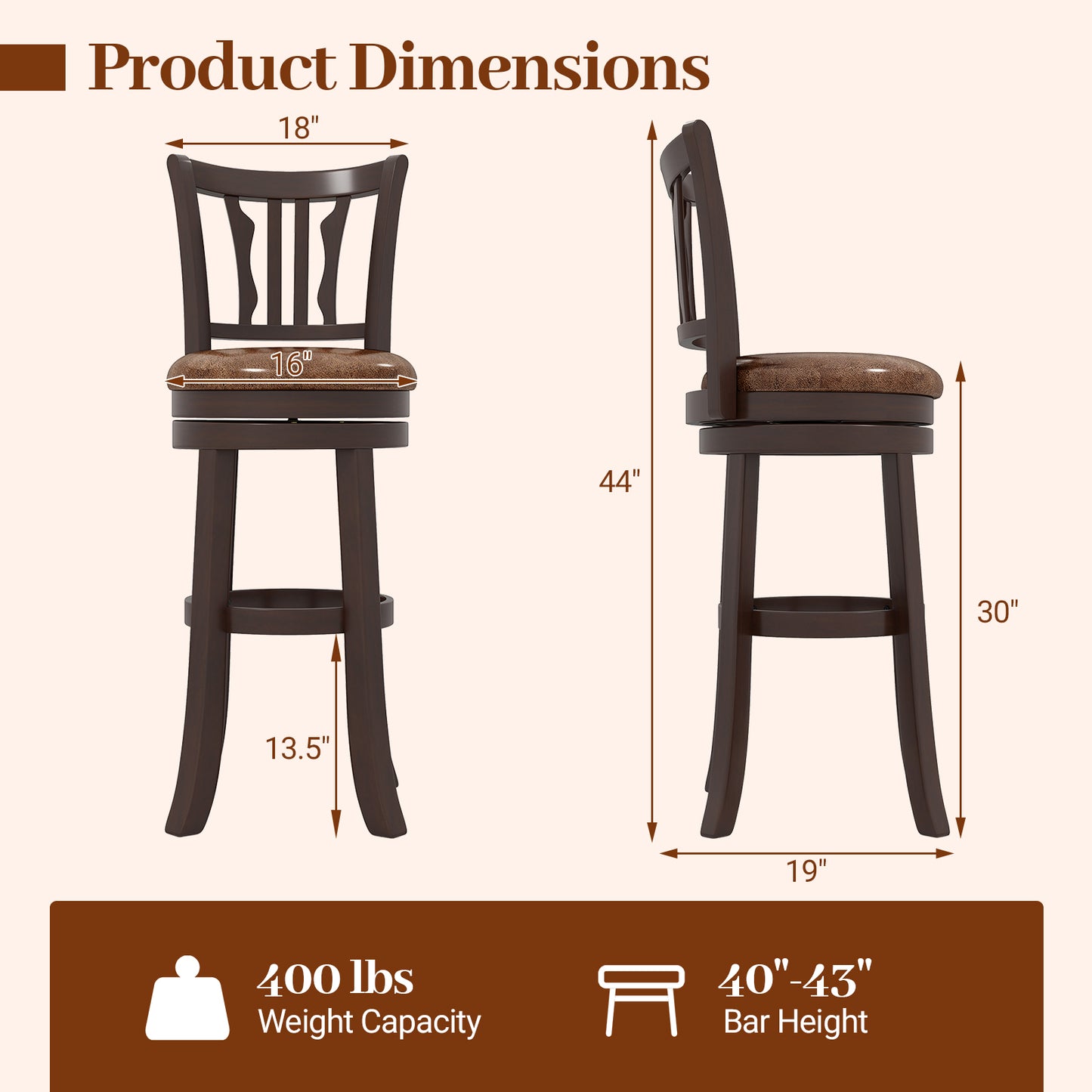 Counter Height Swivel Bar Stools Set of 2 with Back and Solid Rubber Frame-29