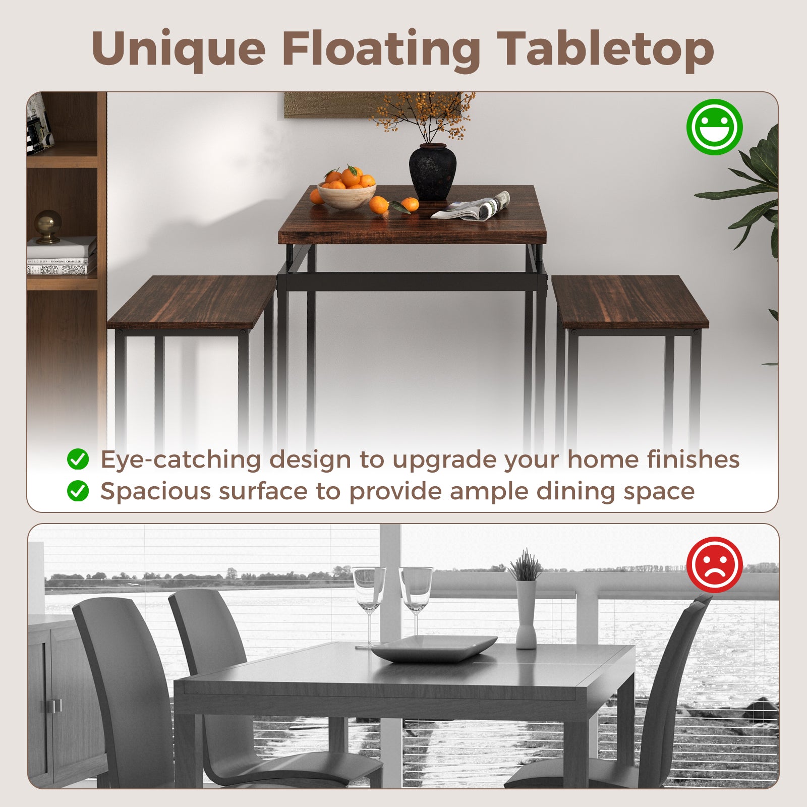 3 Pieces Pub Dining Table Set with Floating Tabletop and Footrest-Rustic Brown