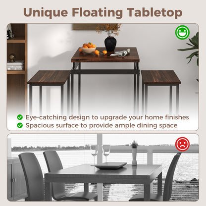 3 Pieces Pub Dining Table Set with Floating Tabletop and Footrest-Rustic Brown