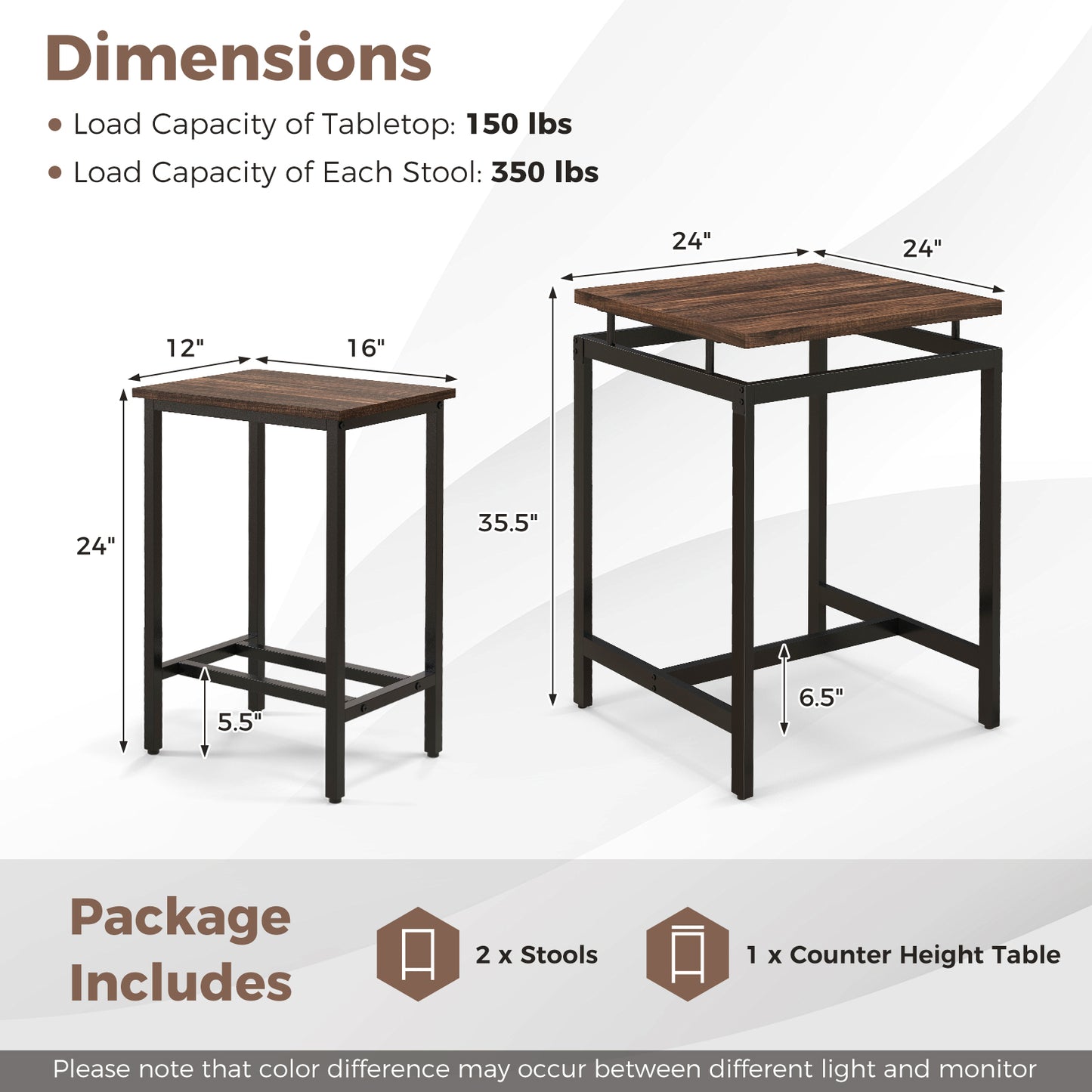 3 Pieces Pub Dining Table Set with Floating Tabletop and Footrest-Rustic Brown