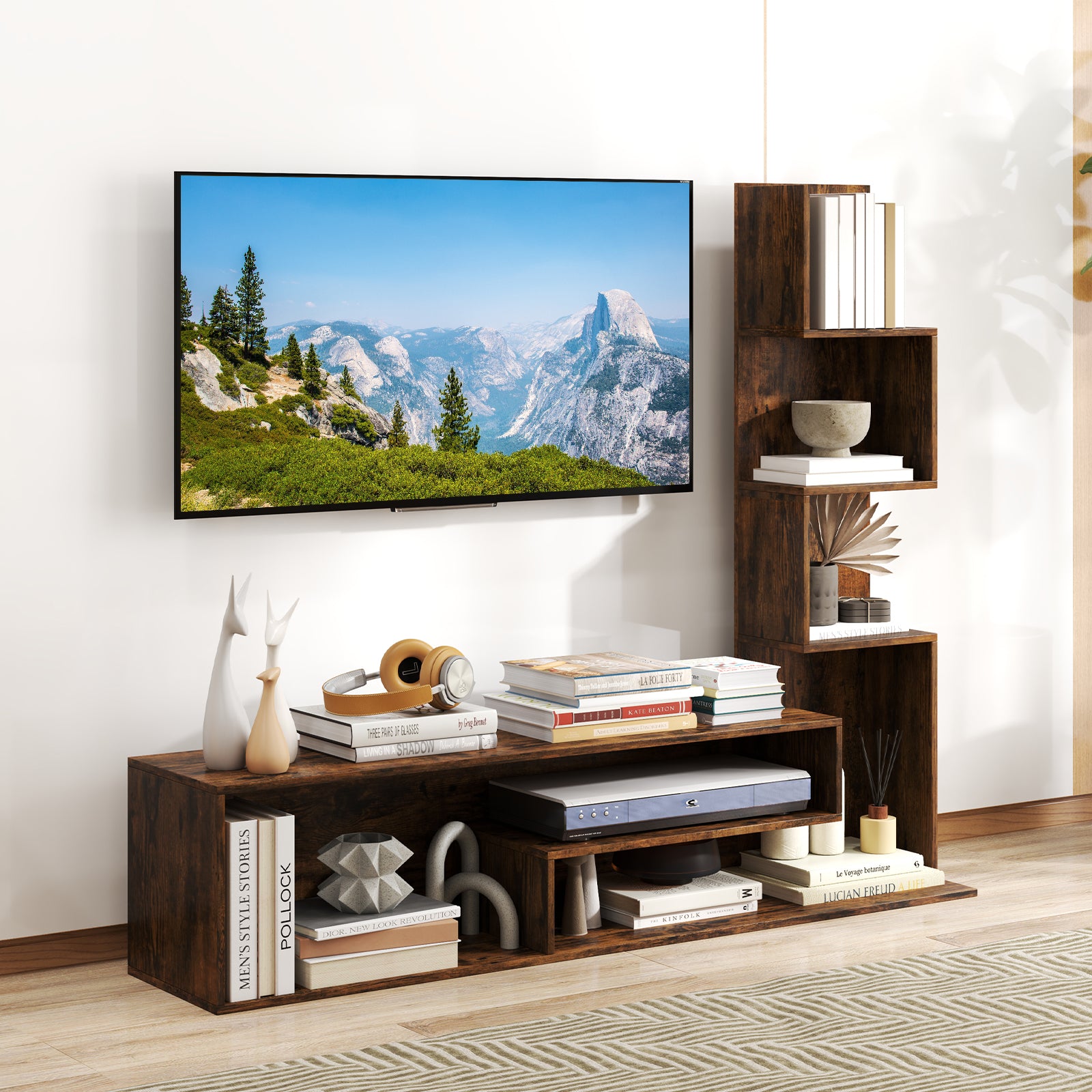 Cube TV Stand for TVs up to 50 Inch Media Console Table with Storage Shelves-Rustic Brown
