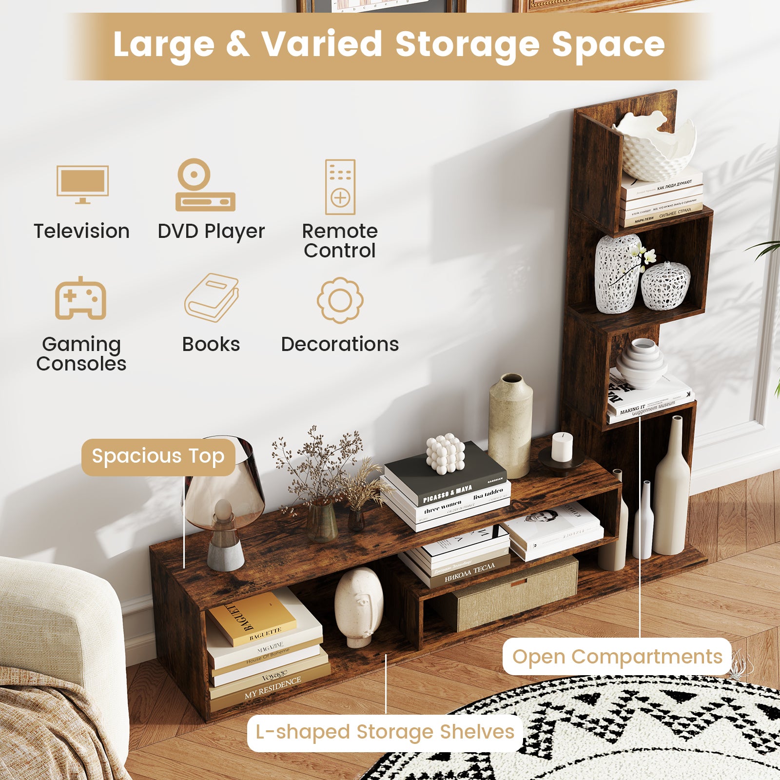 Cube TV Stand for TVs up to 50 Inch Media Console Table with Storage Shelves-Rustic Brown