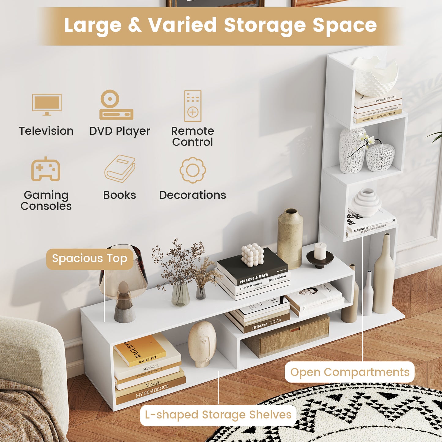 Cube TV Stand for TVs up to 50 Inch Media Console Table with Storage Shelves-White