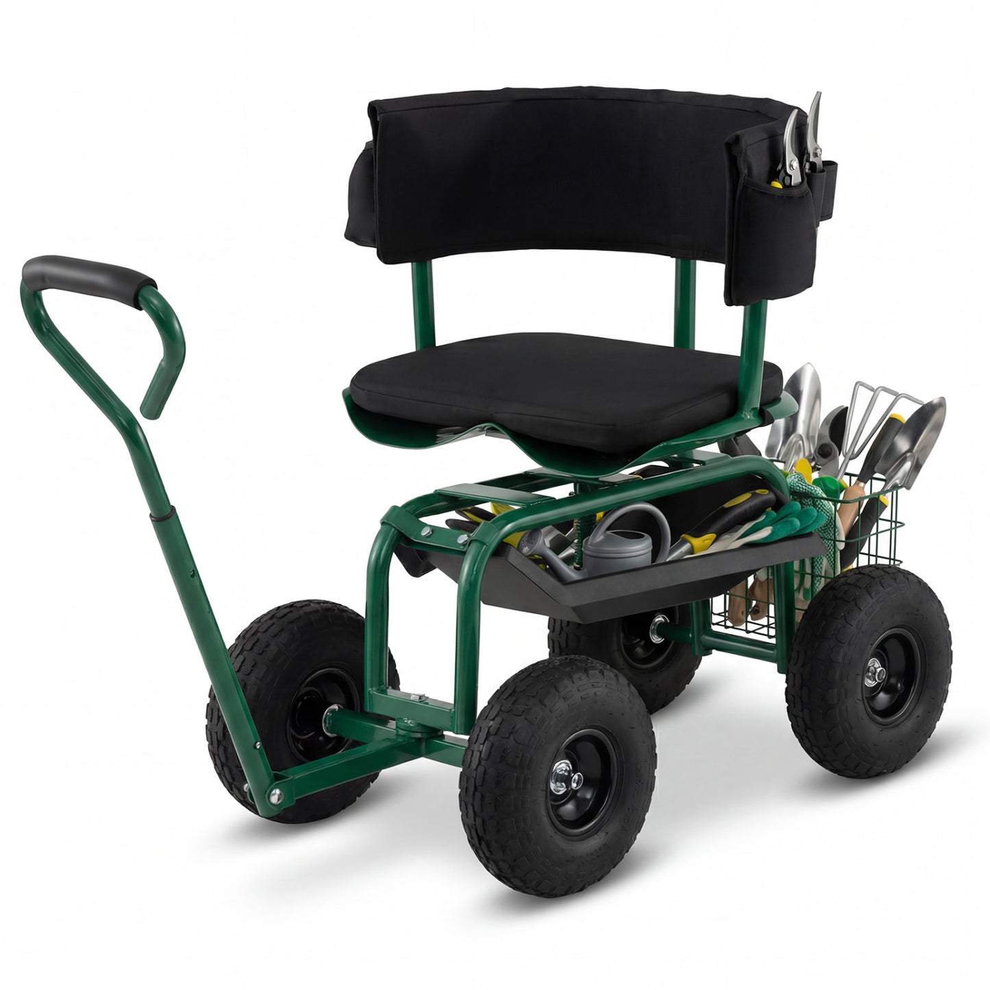Cushioned Rolling Garden Cart Scooter with Storage Basket and Tool Pouch-Blue - Green