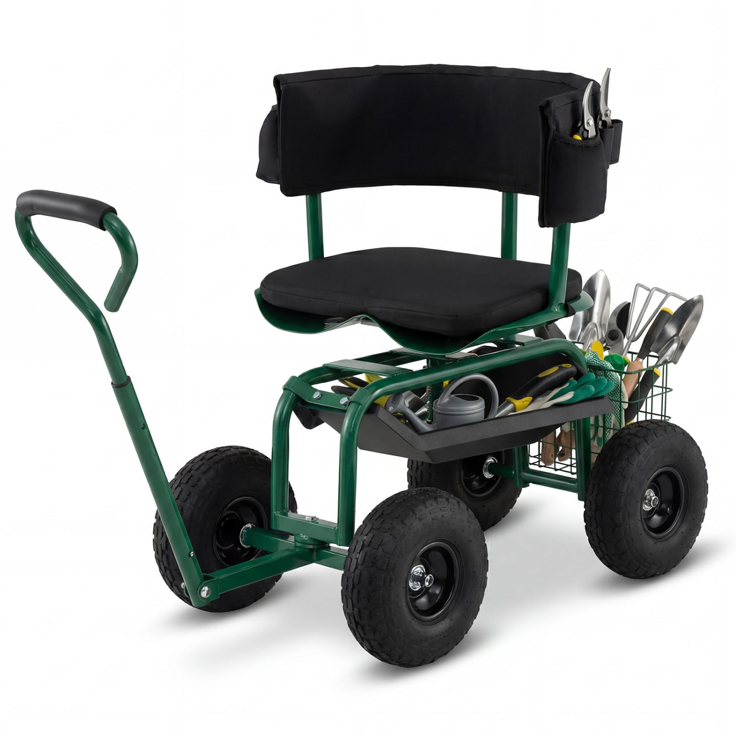 Cushioned Rolling Garden Cart Scooter with Storage Basket and Tool Pouch-Blue - Green
