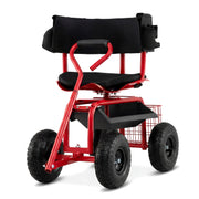 Cushioned Rolling Garden Cart Scooter with Storage Basket and Tool Pouch-Blue - Black & Red