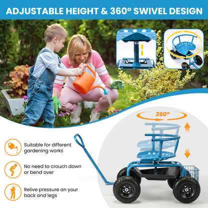 Cushioned Rolling Garden Cart Scooter with Storage Basket and Tool Pouch