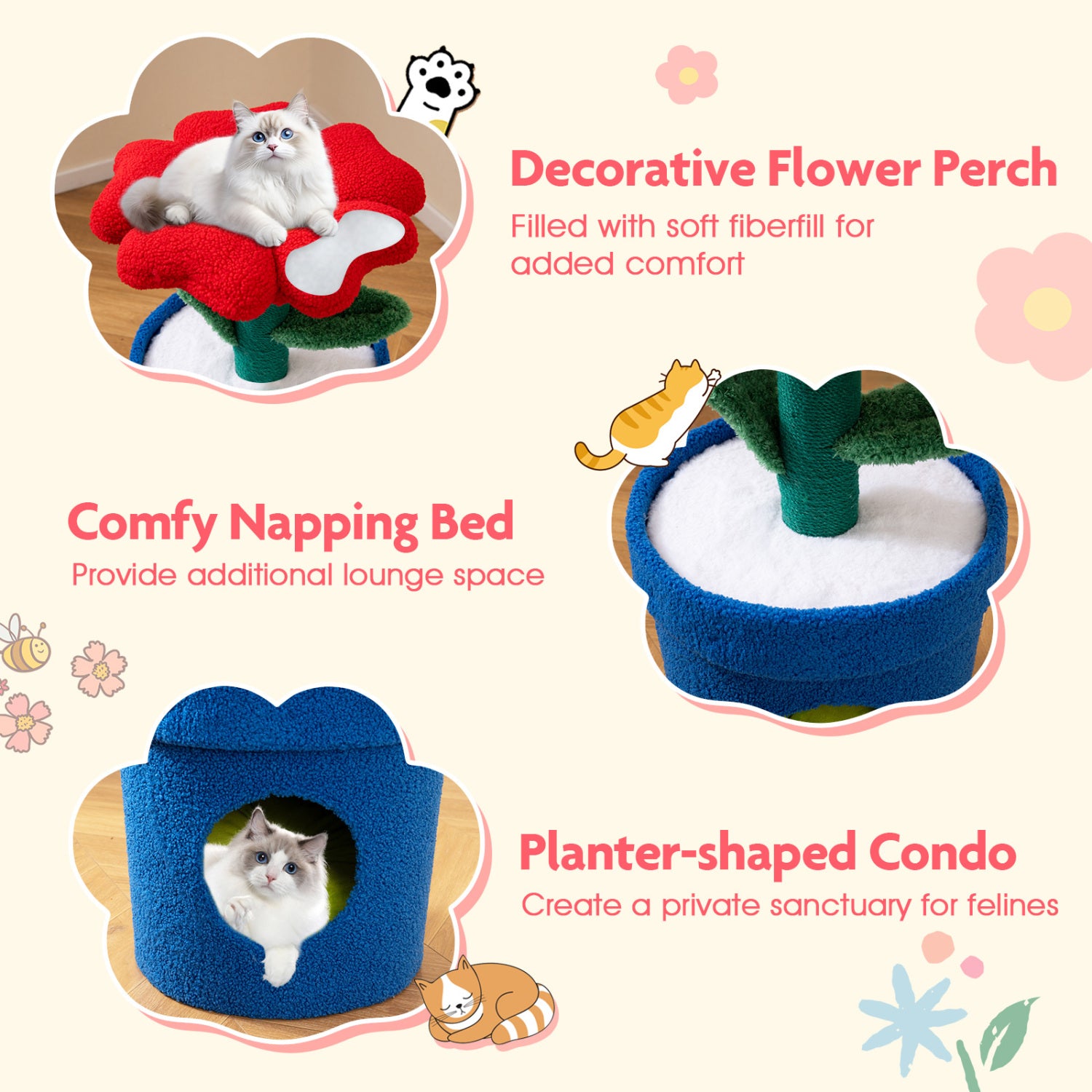 Cute Cat Tree with Flower Padded Perch for Indoor Cats