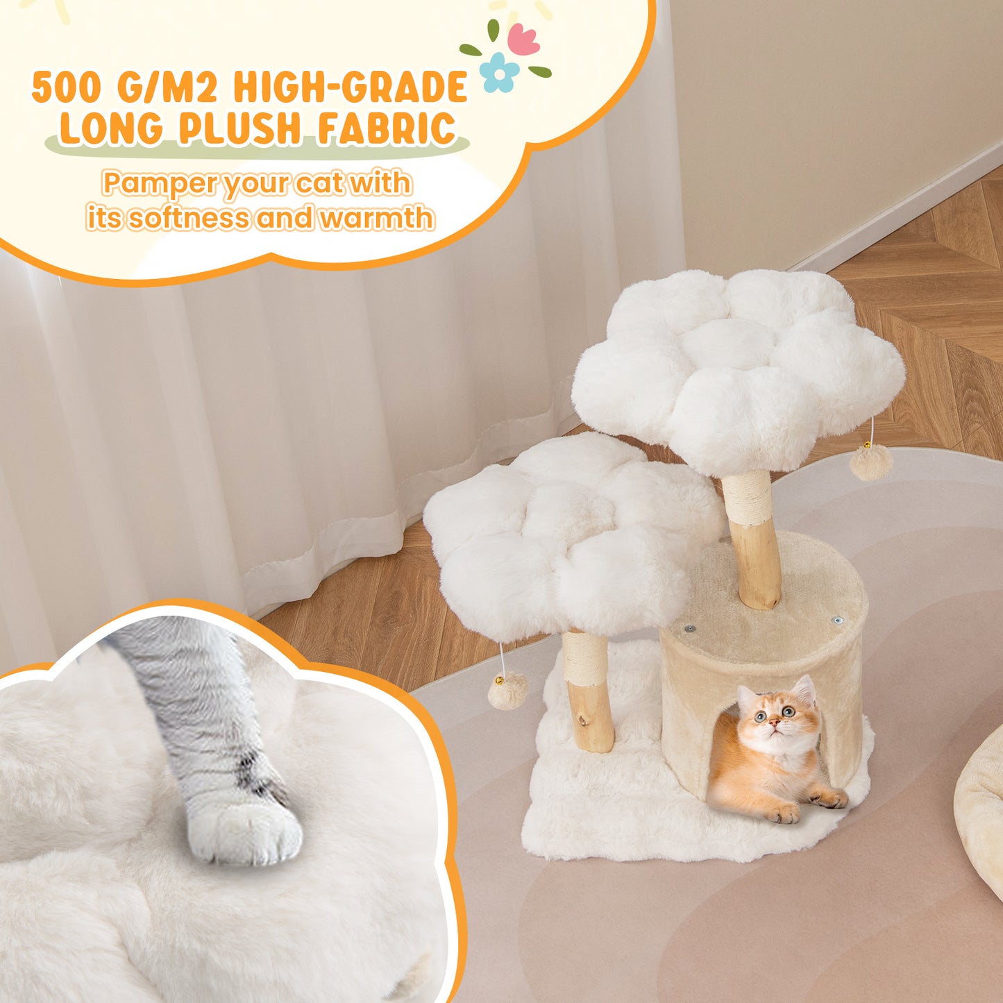 Cute Solid Wood Cat Tree Natural Branch Modern Flower Cat Tower with Sisal Scratching Posts-Beige