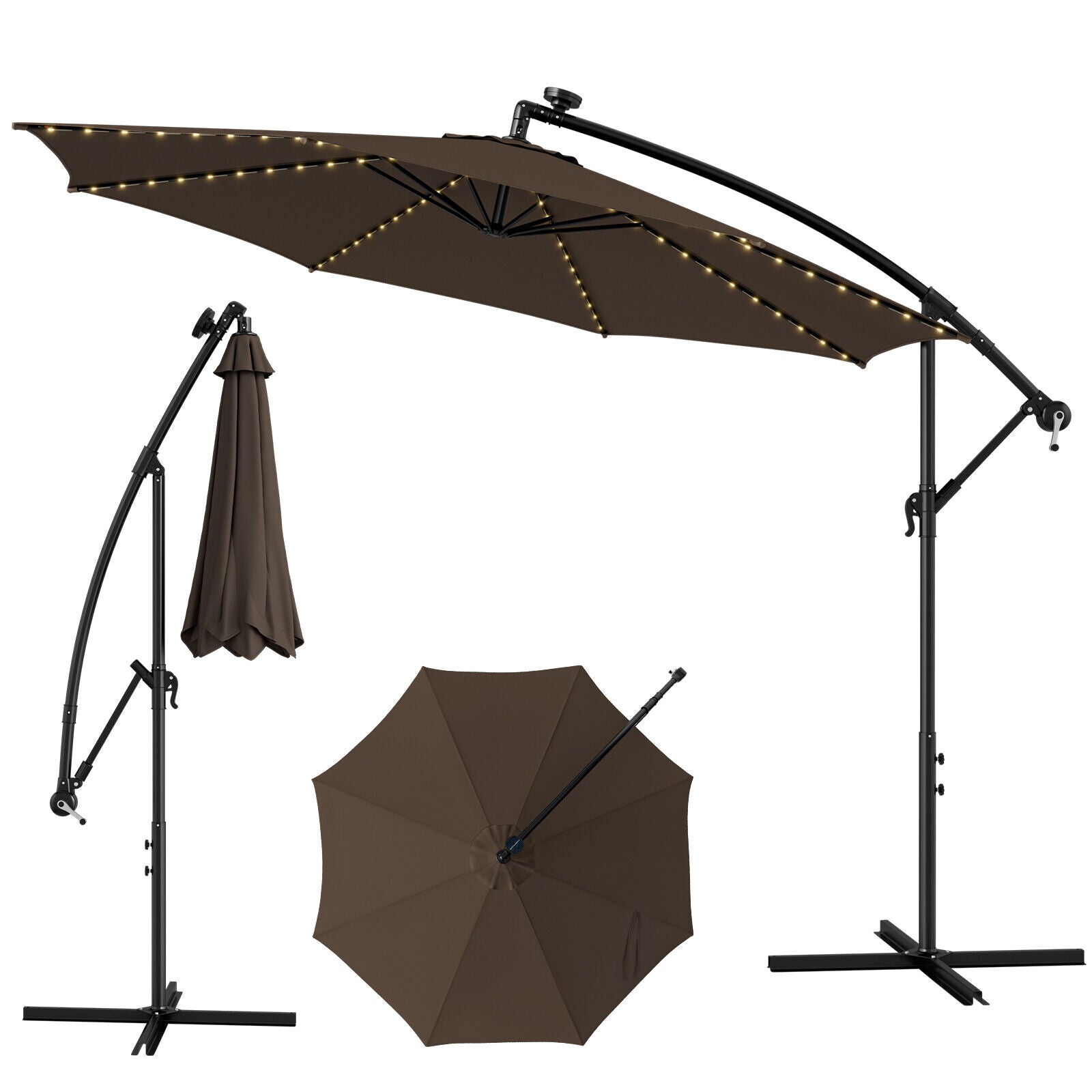 10 Feet Patio Offset Umbrella with 112 Solar-Powered LED Lights-Beige-Navy - Coffee