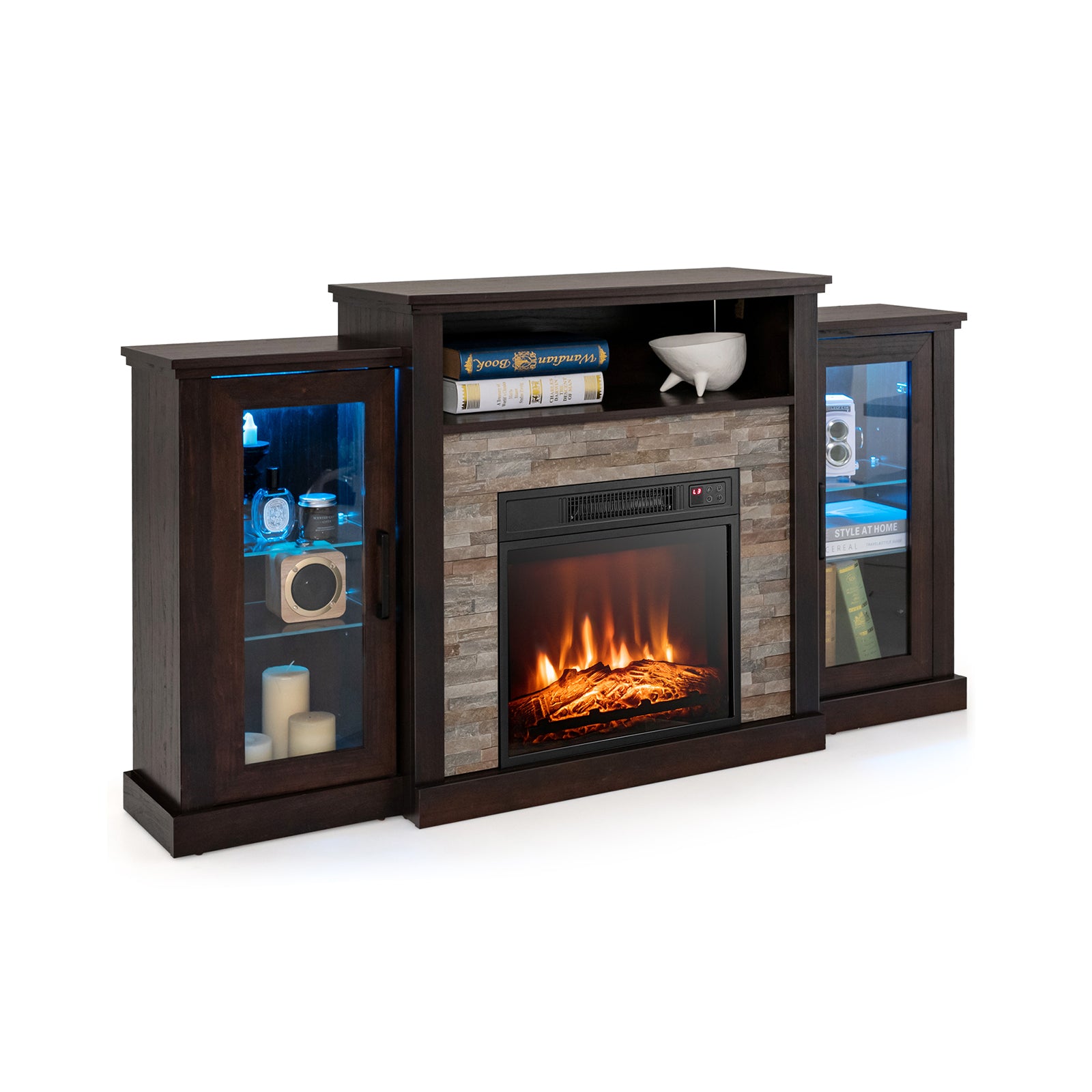 Fireplace TV Stand with 16-Color Led Lights for TVs up to 65 Inch-Brown - Dark Brown