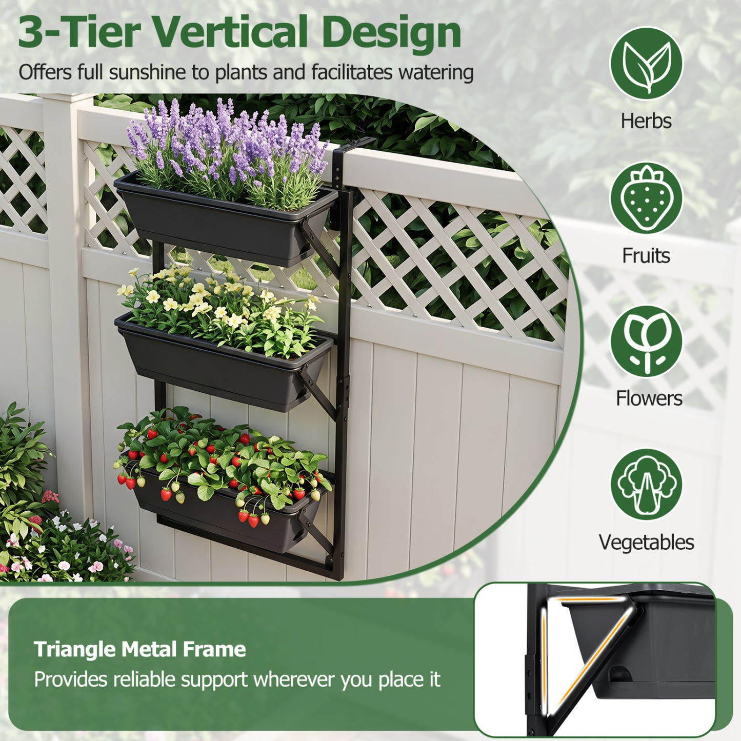 Deck Railing Planter Box with 3-Tier Adjustable Design