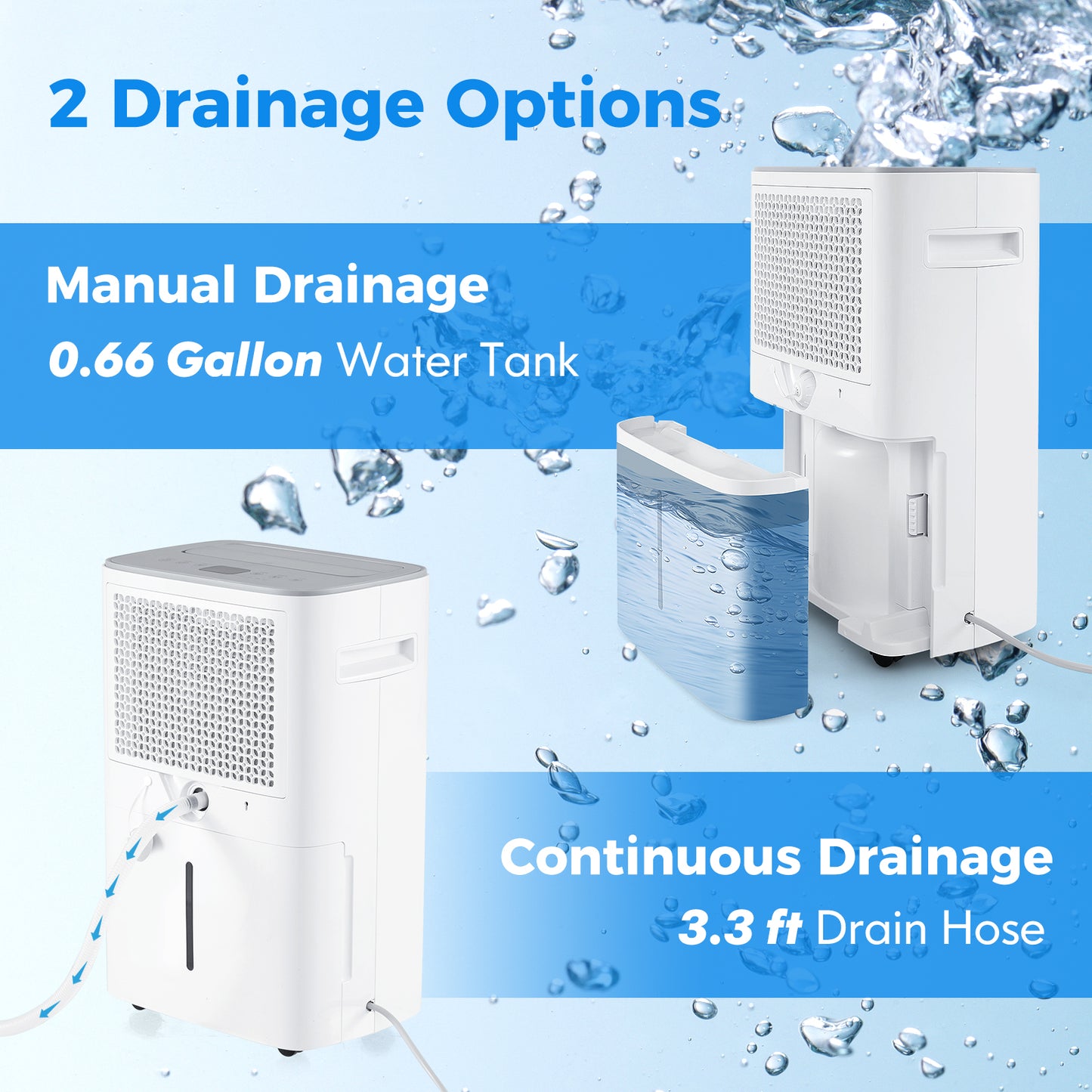 Dehumidifier with Auto Drain or Manual Drainage for Home Basement-White