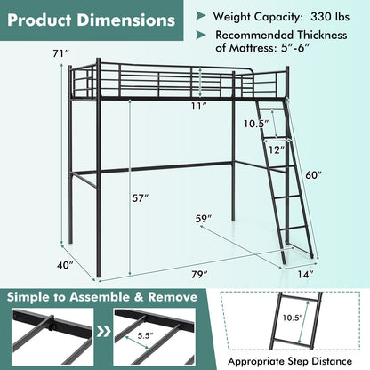 Twin Metal Loft Bed with Ladderand High Guard Rails