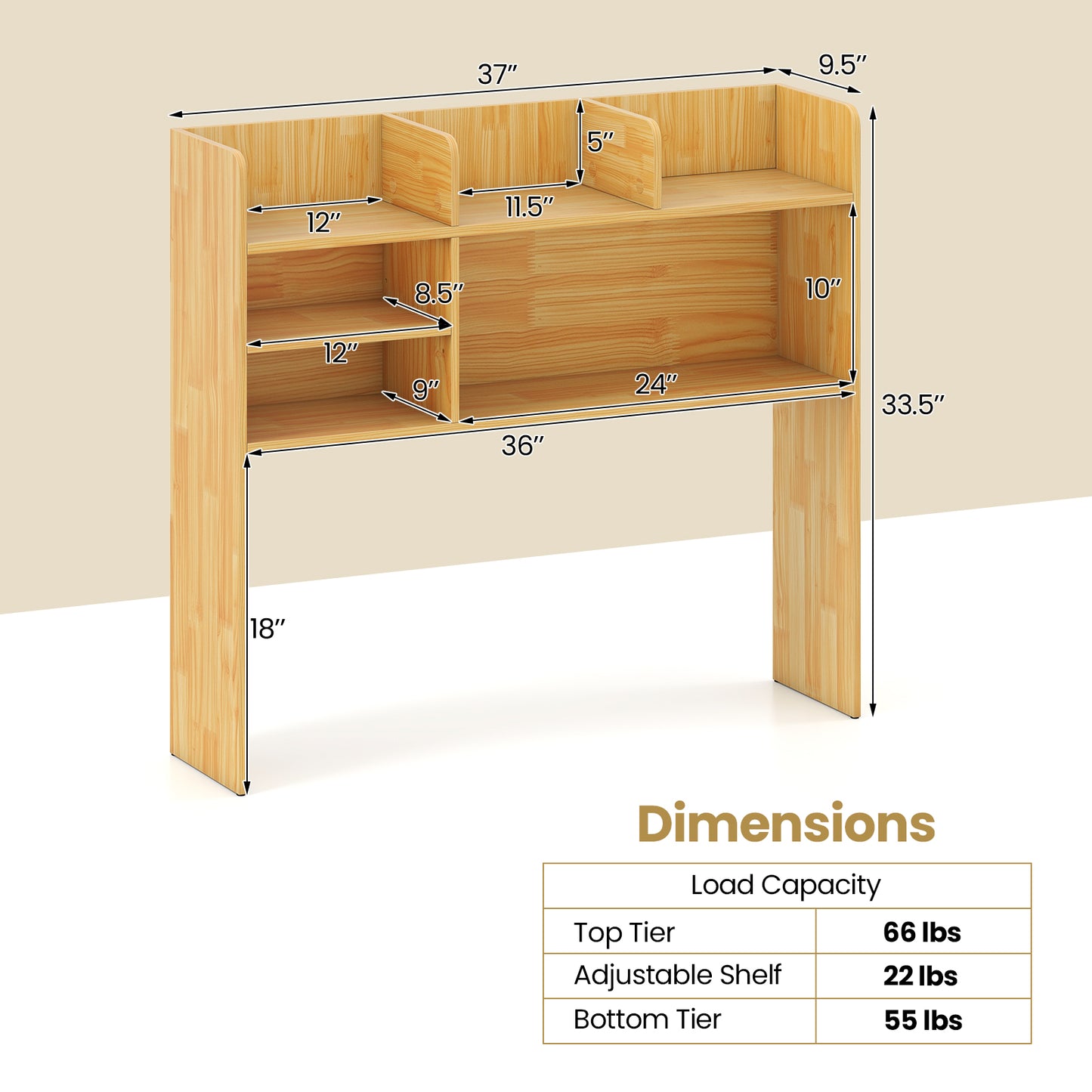 Desktop Bookshelf Countertop Storage Hutch with 6 Shelves-Beige