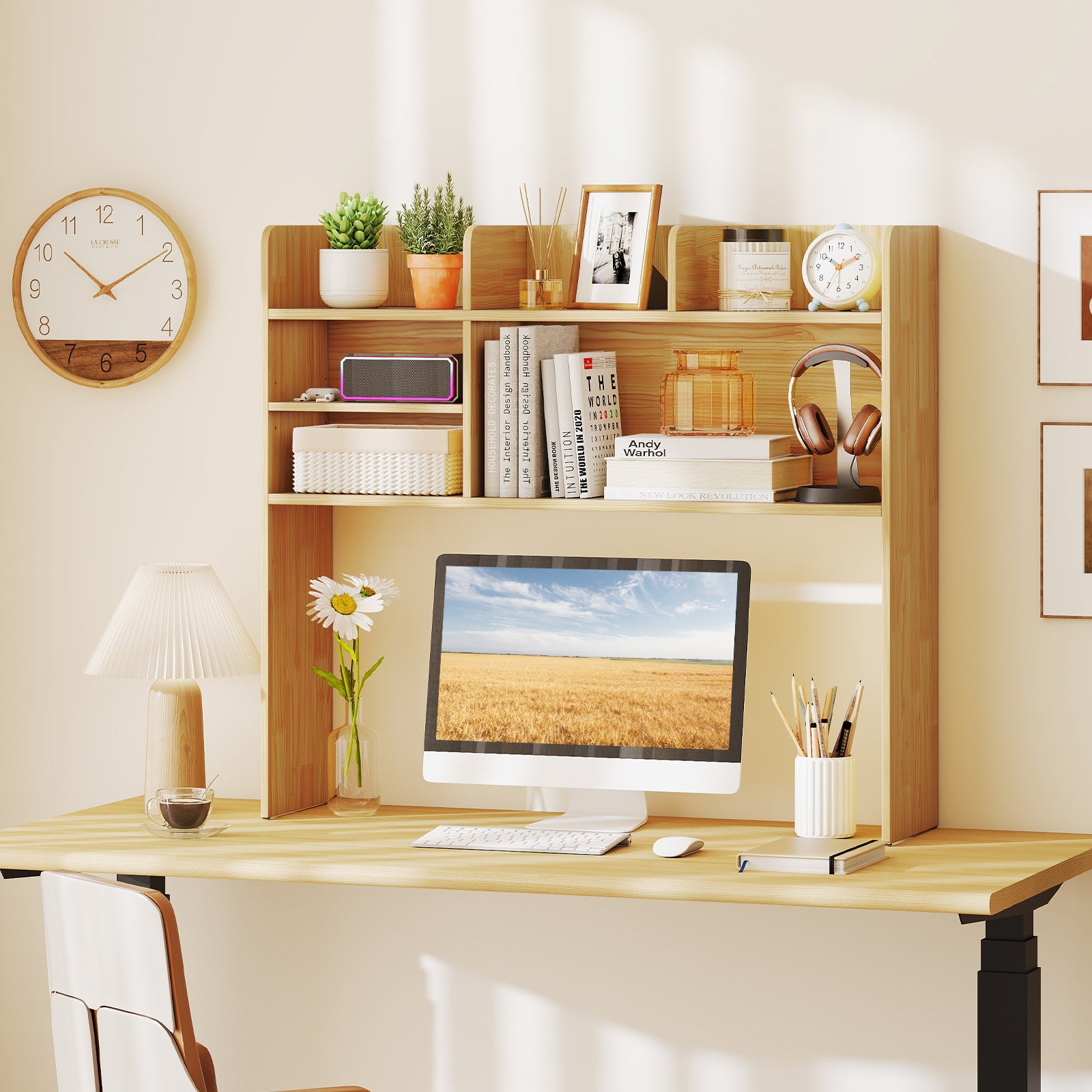 Desktop Bookshelf Countertop Storage Hutch with 6 Shelves-Beige