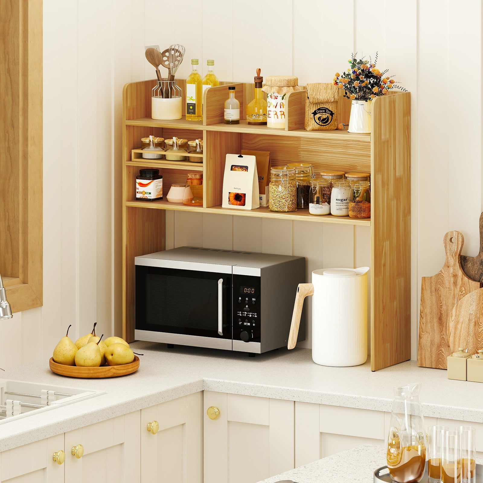 Desktop Bookshelf Countertop Storage Hutch with 6 Shelves-Beige