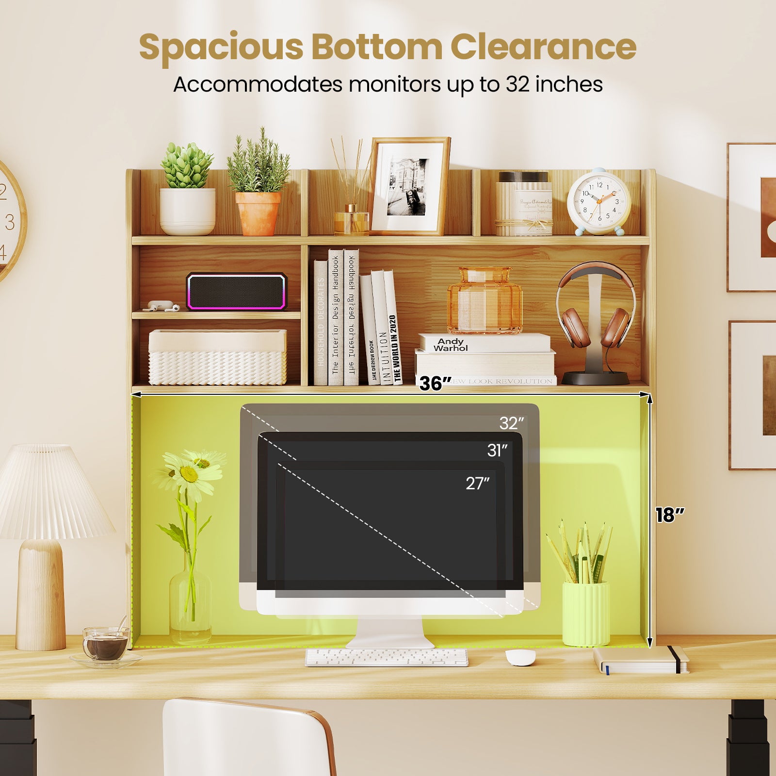 Desktop Bookshelf Countertop Storage Hutch with 6 Shelves-Beige