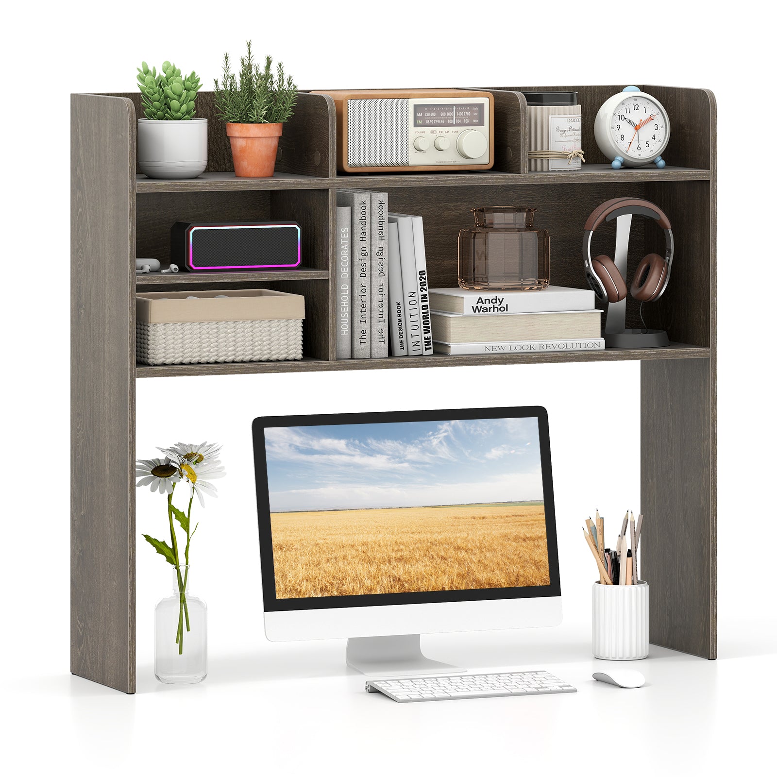 Desktop Bookshelf Countertop Storage Hutch with 6 Shelves-Oak