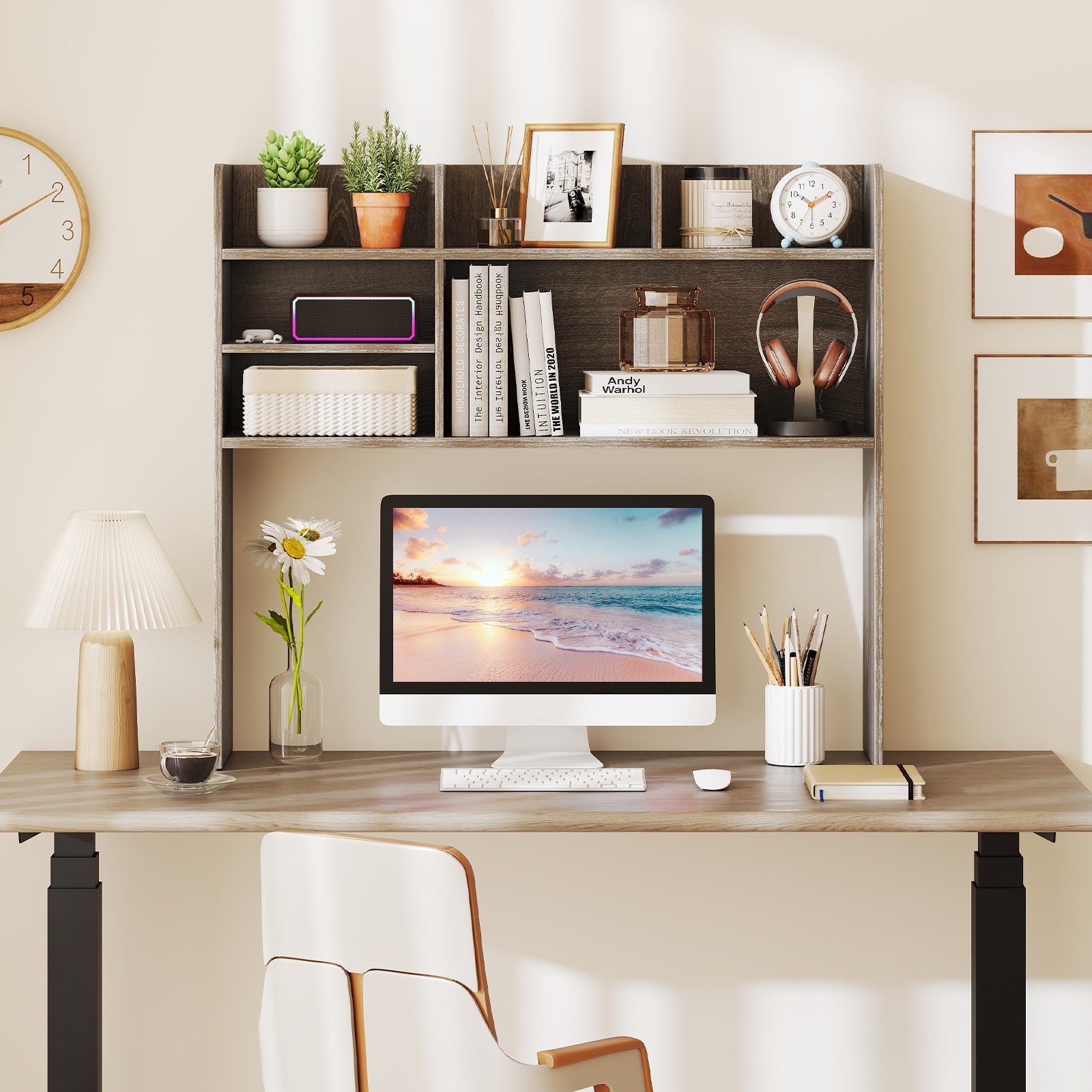 Desktop Bookshelf Countertop Storage Hutch with 6 Shelves-Oak