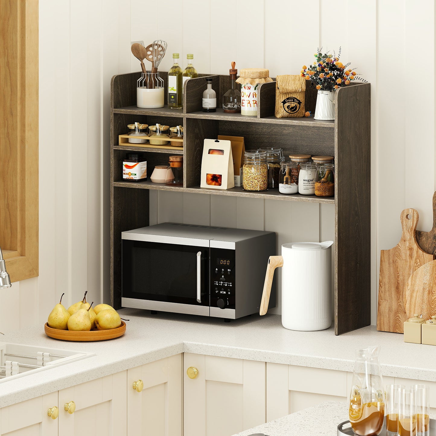 Desktop Bookshelf Countertop Storage Hutch with 6 Shelves-Oak