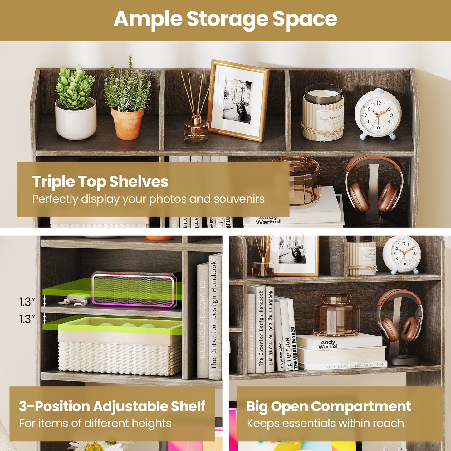 Desktop Bookshelf Countertop Storage Hutch with 6 Shelves-Oak