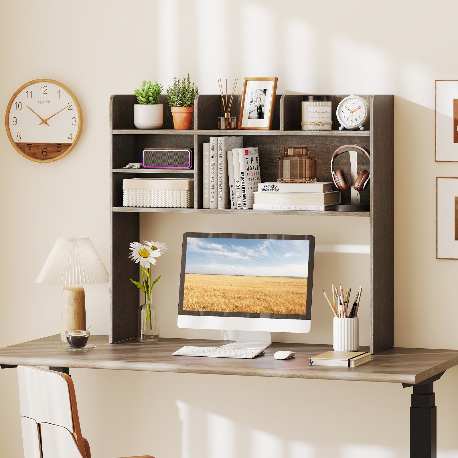 Desktop Bookshelf Countertop Storage Hutch with 6 Shelves-Oak