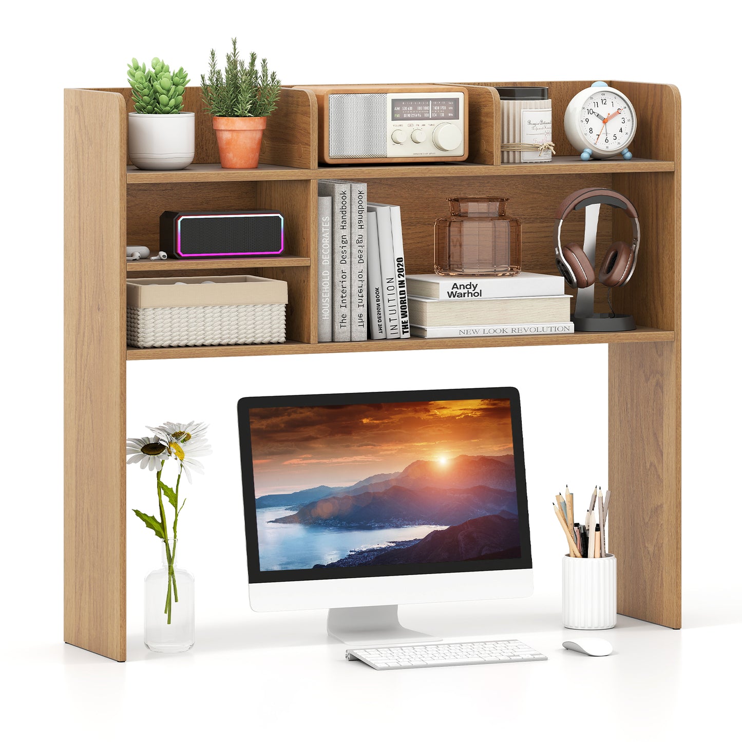 Desktop Bookshelf Countertop Storage Hutch with 6 Shelves-Natural