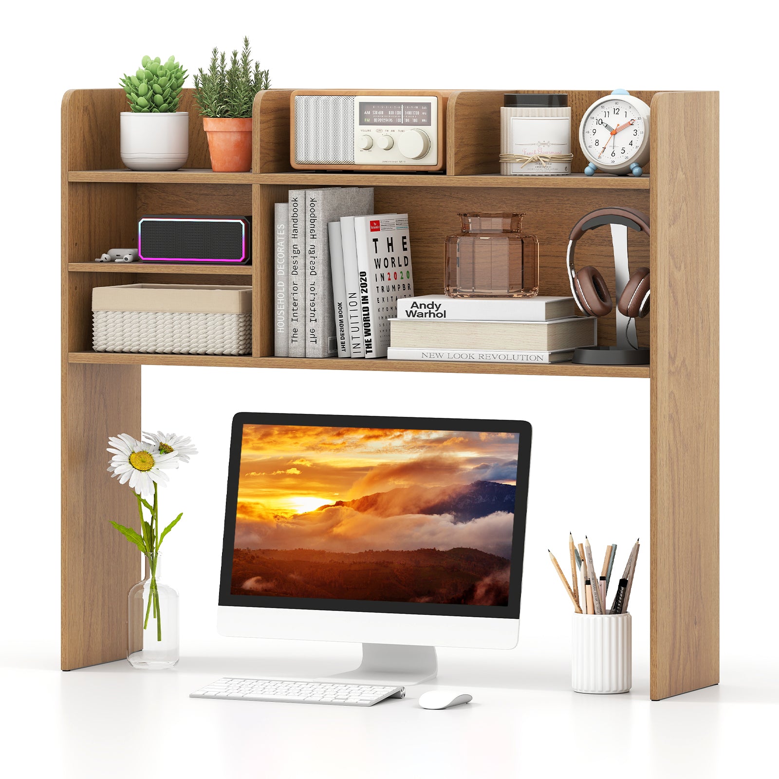 Desktop Bookshelf Countertop Storage Hutch with 6 Shelves-Natural