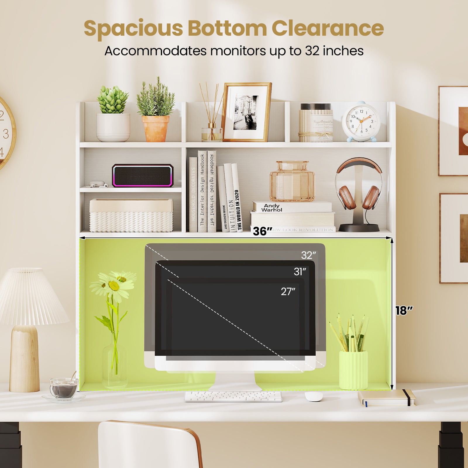 Desktop Bookshelf Countertop Storage Hutch with 6 Shelves-White