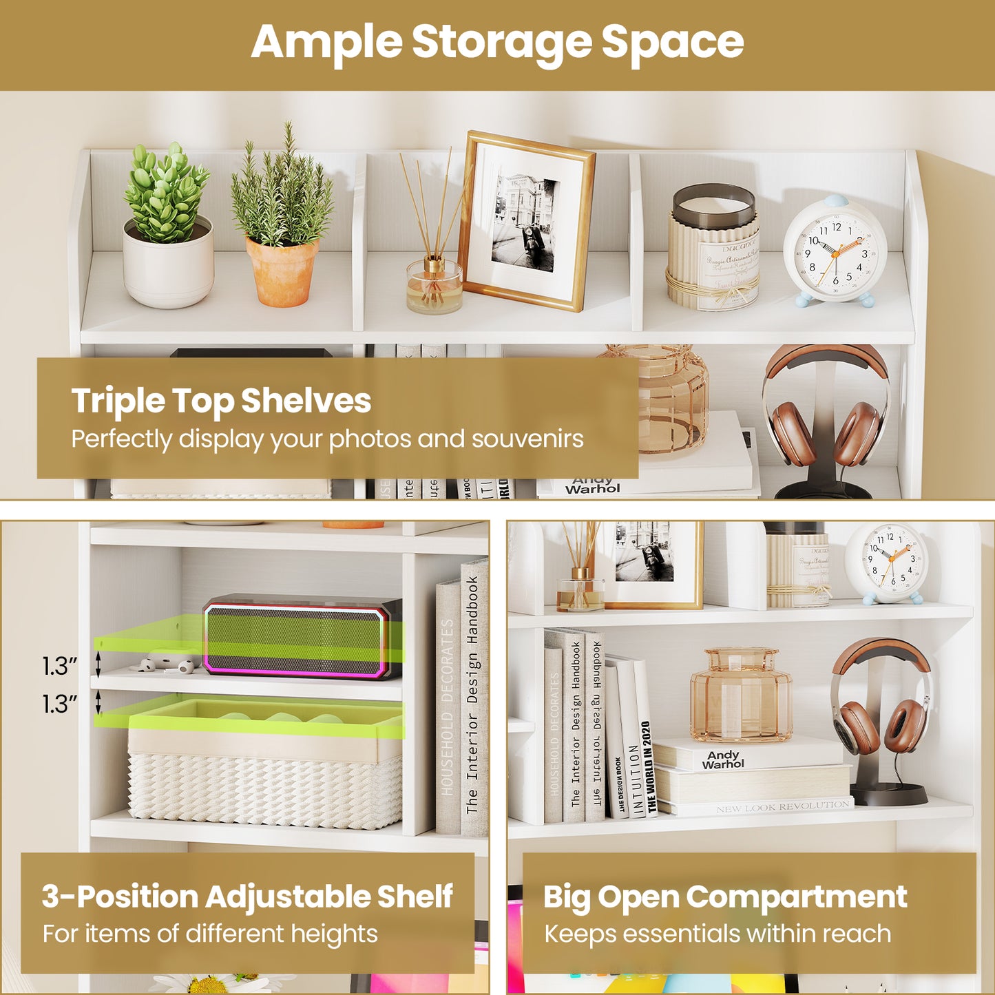 Desktop Bookshelf Countertop Storage Hutch with 6 Shelves-White