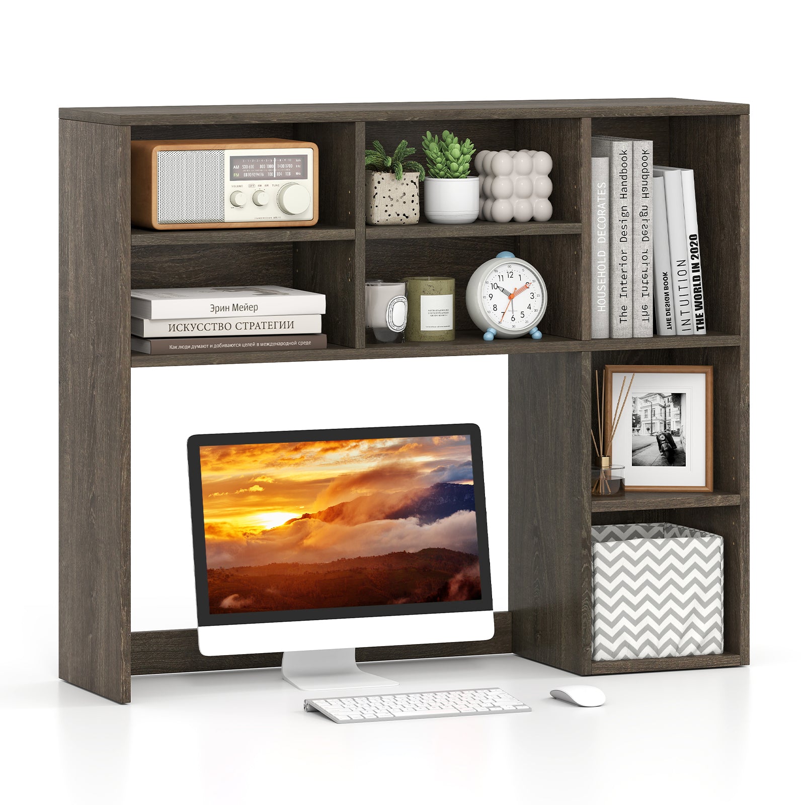 Desktop Bookshelf with 7 Open Cubbies and 3 Adjustable Shelves-Oak - Oak