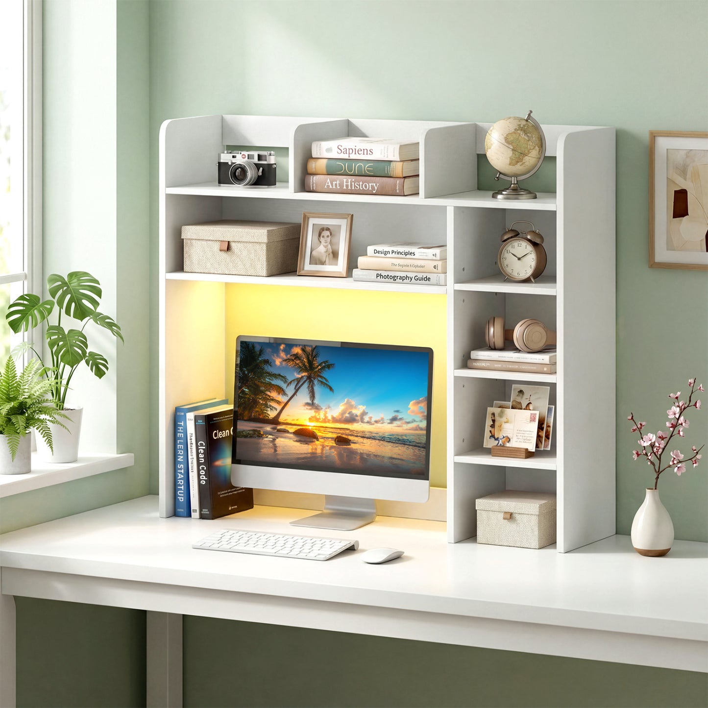 Desktop Bookshelf with LED Lights 35.5" Desk Hutch Organizer