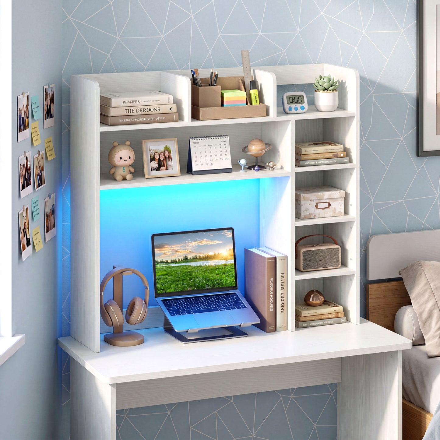 Desktop Bookshelf with LED Lights 35.5" Desk Hutch Organizer