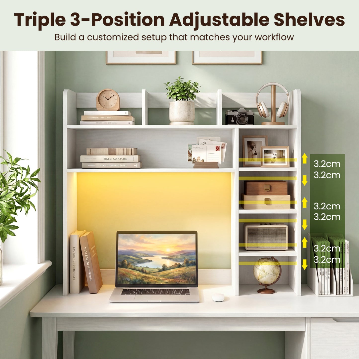 Desktop Bookshelf with LED Lights 35.5" Desk Hutch Organizer