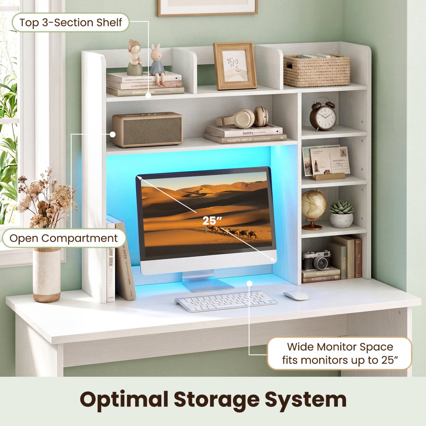 Desktop Bookshelf with LED Lights 35.5" Desk Hutch Organizer