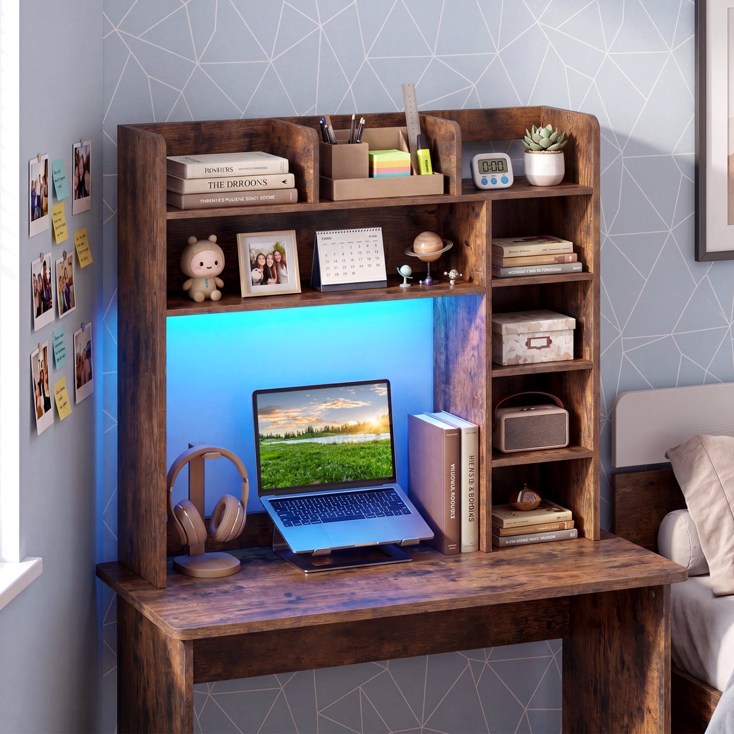 Desktop Bookshelf with LED Lights 35.5" Desk Hutch Organizer
